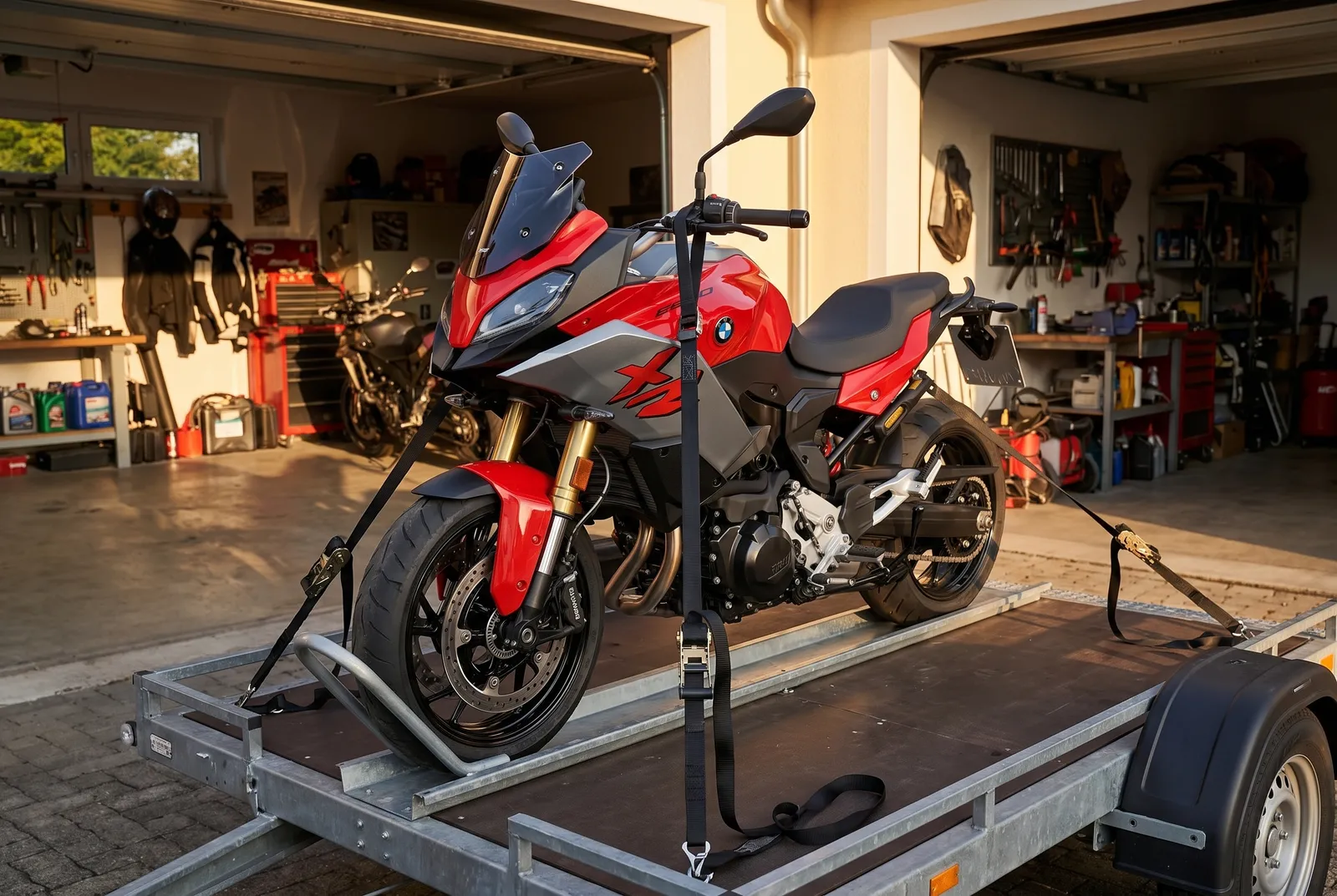Die F 900 XR hat vorne eine verkleidete Gabelbrücke und hinten wenig Platz zwischen Auspuff und Soziusfussraste. Wir zeigen, wo du beim Verzurren im Anhänger trotzdem sicher ansetzt.